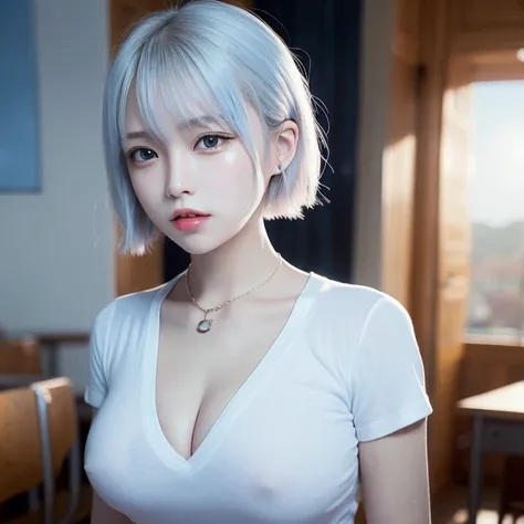 best quality, ultra high definition, (photorealistic 1.4), girl around her neck, (white shirt), (light blue short hair :1.3), bungs, red eyes, ((Swollen eyes)), Wearing school uniform, school uniform, (((sexy、erotic、Chest Valley)))