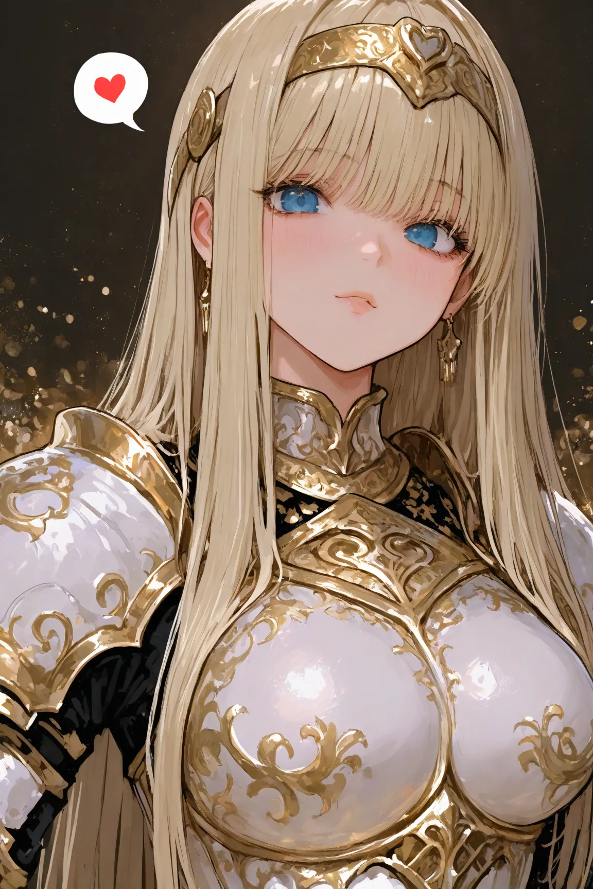  manga ,spoken heart,Beautiful breasts,Long Straight Hair, Gold,Age 35,cool, beauty,we have,White Armor,stupid hair,headband