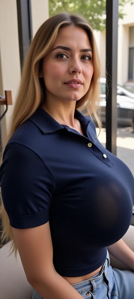  , Picture of a woman sitting on a chouch, , Photography, Photo, ( large)balllarge, ,extremely huge        ,   and dark blue polo shirt with button placket and v-neck blonde hair ,  high resolution ,, huge inflated  , whole person in the picture,      8k r...