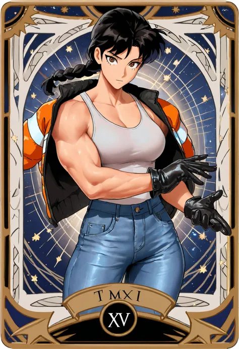 (high quality),(masterpiece),(detailed description),(8k),perfect human body,Tarot Card Frame, muscular,Open Chest Hard Jacket,tank top,Stars in my eyes,Shonen Cartoon Style, Finger Opening Gloves , denim jeans,Braided Ponytail, black hair,brown eyes,no exp...