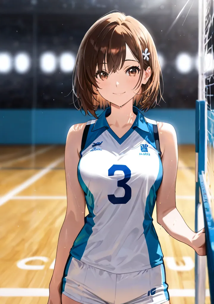 ( masterpiece), top quality , natural light, , Diffuse Light, alone,   Beautiful Anime   、 Beautiful Artistic Style , 赤い頬、( beautiful eyes), brown eyes, brown hair,  2 of the hair accessories、hair bite, shortcuts、( volleyball uniform), ( Sports), is standi...