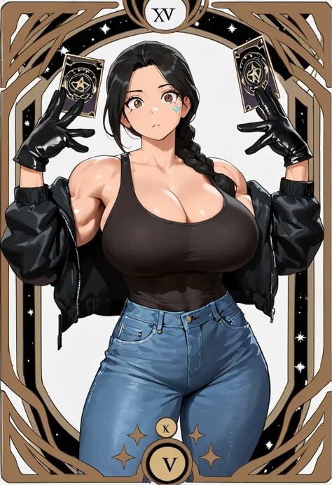 (high quality),(masterpiece),(detailed description),(8k),perfect human body,Tarot Card Frame, muscular,Big Breasts,black hard jacket,tank top,Stars in my eyes, Finger Opening Gloves , denim jeans,Braided Ponytail, black hair,brown eyes,no expression