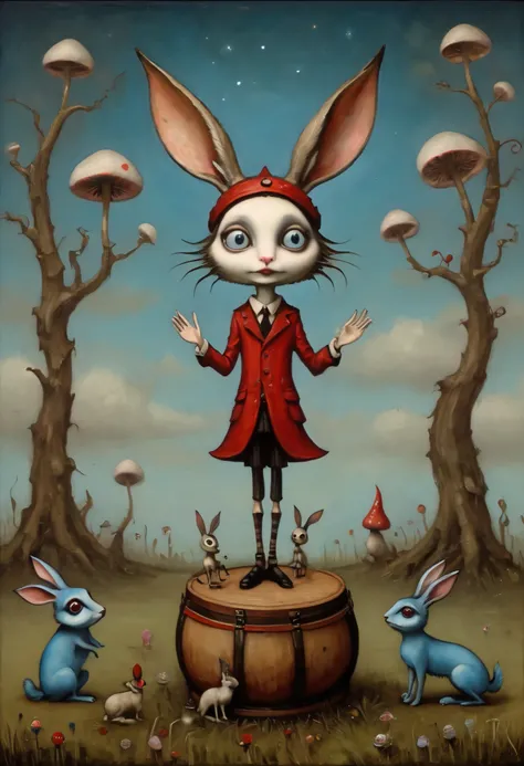 A psychedelic painting in the style of Esau Andrews and
Tim Burton, a very thin and long cartoon hare with thin legs and arms sits on a high stump at the top, the hare knocks on a drum, long black ears, the hare has (large) round (blue eyes) looking at th...