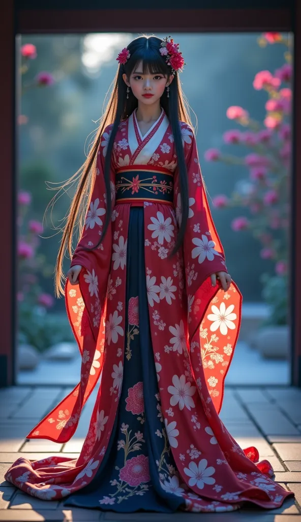 1 girl, 25-30 years old,eloquent, calm, beautiful, Long flowing hair,blast, Sun shining brightly., sexy, Flower garden, red, black, dark blue,  traditional kimono ,, Masterpieces, Dress Tape, Highly detailed 16K,  High quality camera photo 45,000,000 pixel...