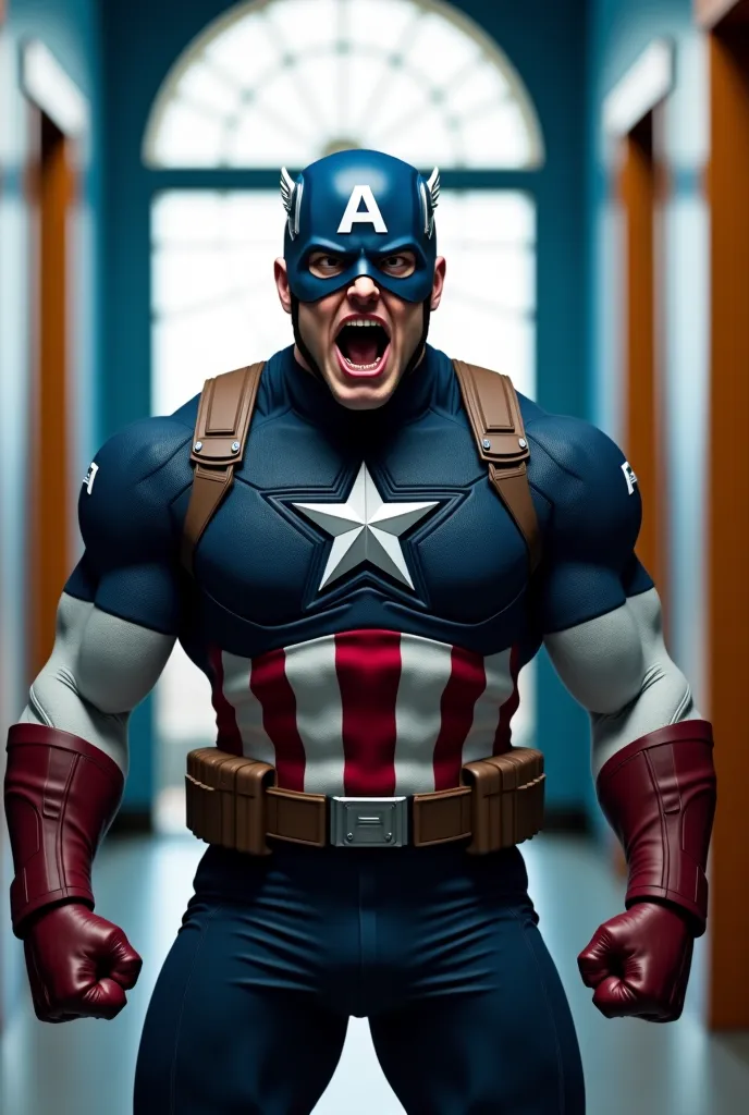 "A muscular superhero, inspired by Captain America, wearing a blue and red costume with a bright star on the chest and a helmet with the letter 'A'. He's screaming with intense expression, transmitting emotion and determination. His costume has detailed te...