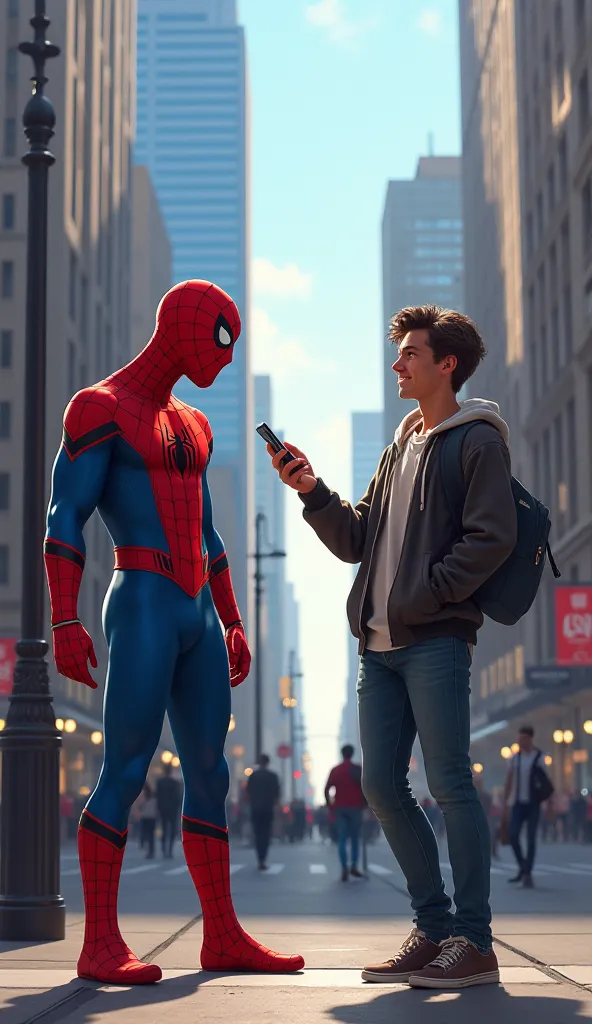 A highly detailed and realistic digital illustration of Spider-Man standing on a busy city sidewalk next to a casually dressed pedestrian. Spider-Man, wearing his classic red and blue suit with web patterns, looks slightly embarrassed but amused as the ped...