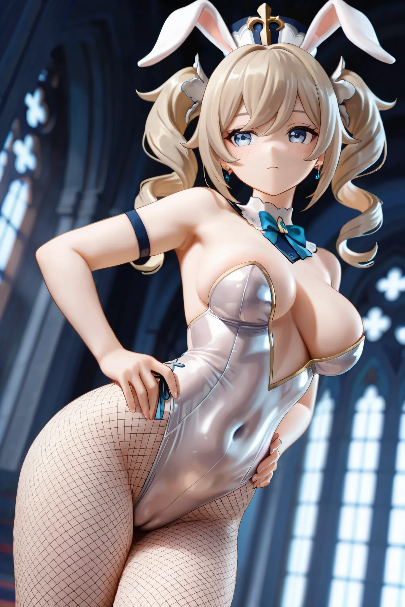 NSFW,masterpiece,top quality,high resolution,very detailed,Barbara( Genshin), Gold、twin tails、drill hair、twin drill、bungs、blue eyes、earrings、 rabbit ears,leotards,Center Open,fishnet tights