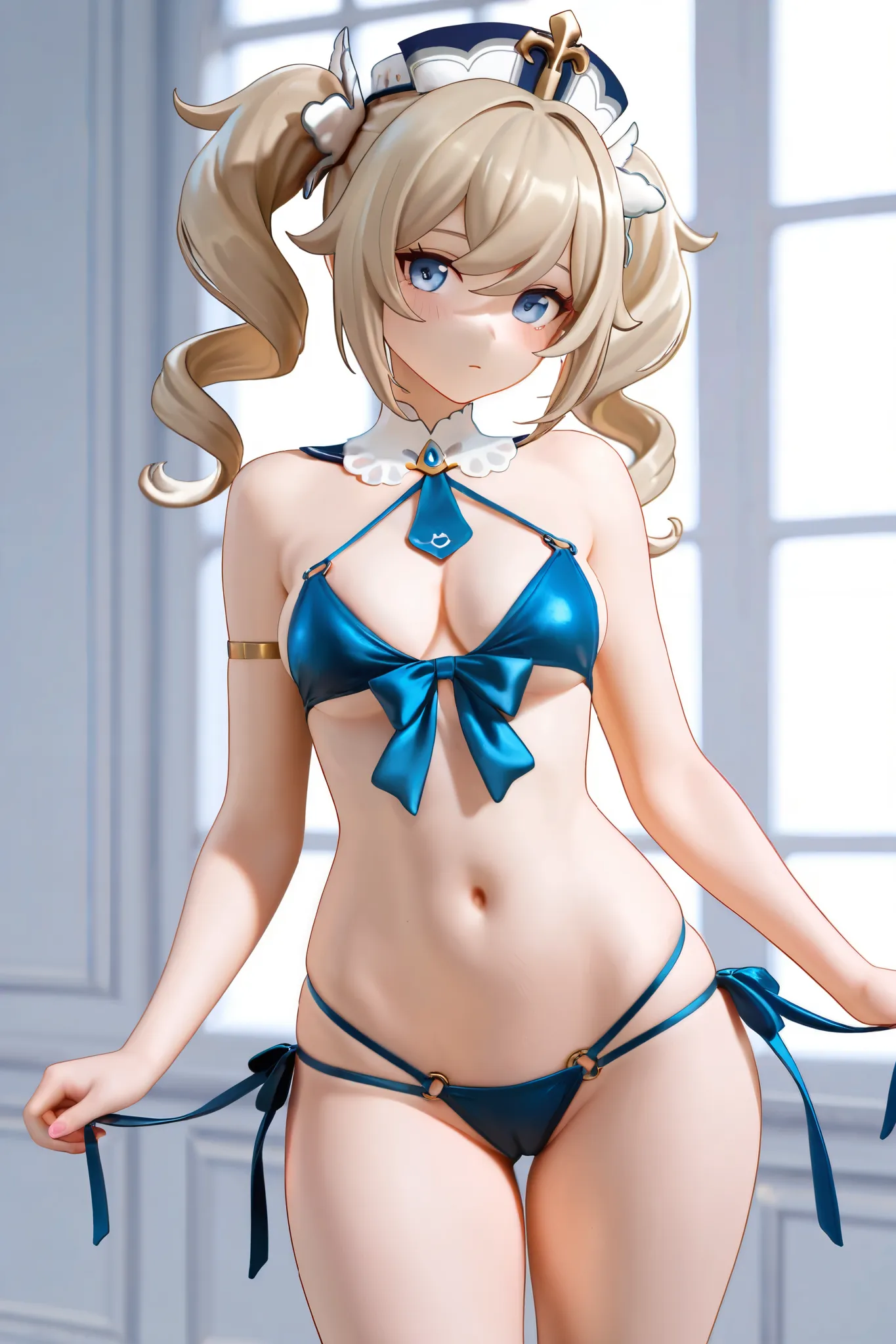 NSFW,masterpiece,top quality,high resolution,very detailed,Barbara( Genshin), Gold、twin tails、drill hair、twin drill、bungs、blue eyes、Criss Cross Bikini,Front ribbon,Tie Side Bikinis,multiple straps