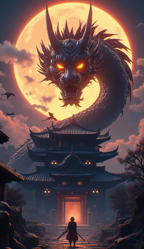 4K high-definition digital imagery. A magnificent scene with a giant dragon with glowing orange eyes, intricately patterned jet-black scales resembling the colors of Thai Khon on its body, and glowing scale grooves resembling the color of volcanic lava, st...