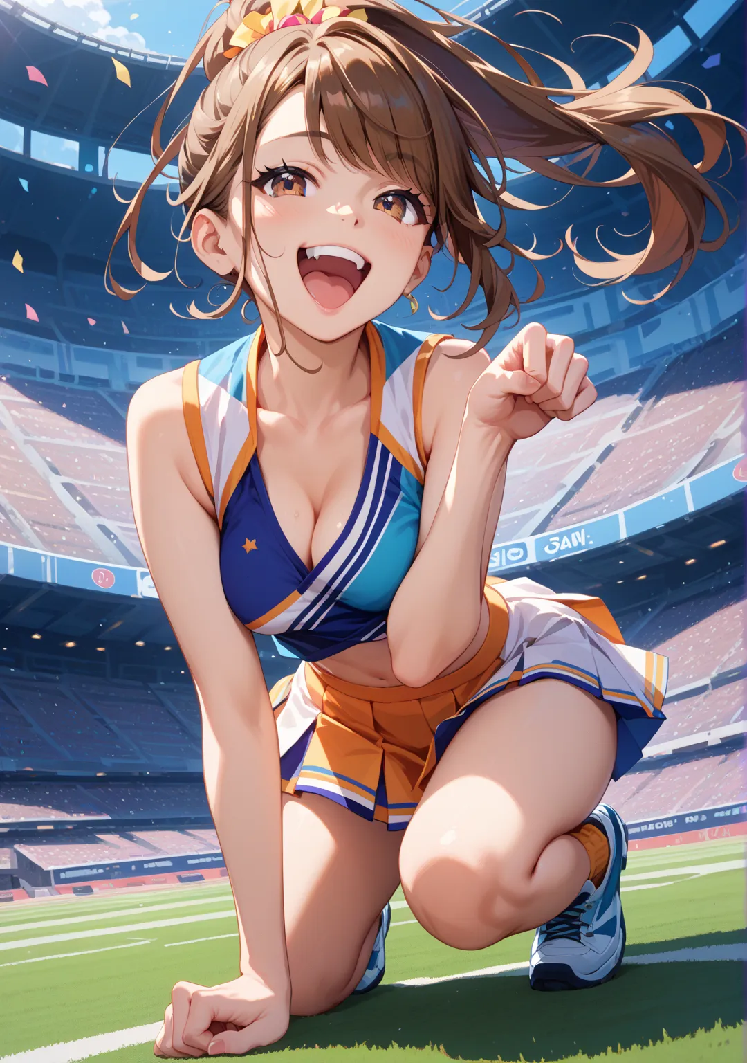 nsfw,  laugh,one girl,glamorous,middle hair,straight hair ,brown hair,{brown eyes},Swept-apart bangs,ponytail,One breast is sticking out, cheerleader,full body, blue and white clothes,paw pose,Stadium