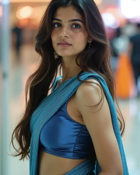 Full Body of A shy-looking Indian woman with long braided hair, black eyes , small breast:1.8, slim fit, standing in Mall, wearing Transparency Blue Sare, With Blue Bikini Blouse
focus on ass, perfect composition, hyper realistic, super detailed, 8k, high ...