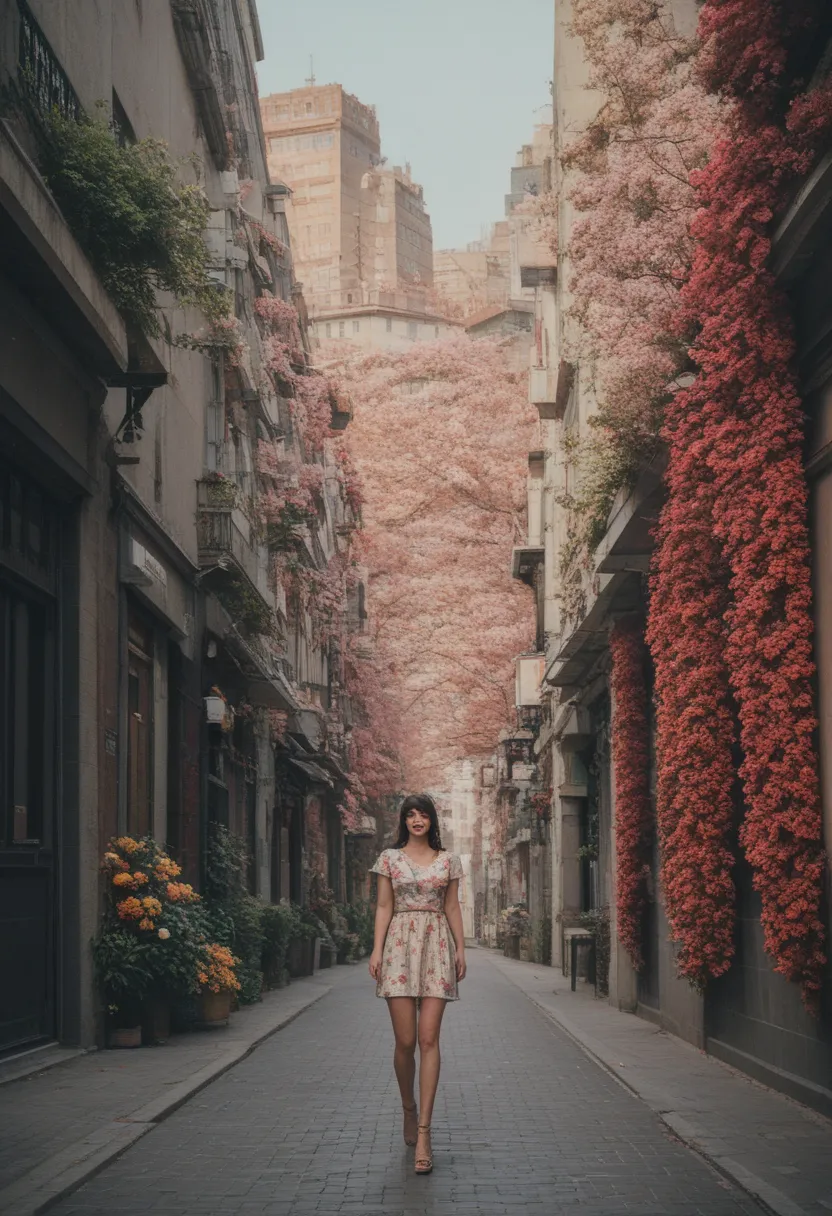 Watase Seizo style, standing in front of a high wall, simple line initials, abstract art, urban background, (((the most beautiful girl))) toothy smile,, lips in love, walking, colorful flowers