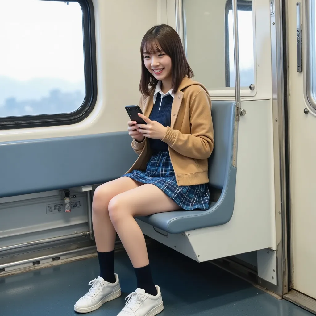 Japanese high school girl, sitting on a commuter train, fiddling with her phone, Wearing school uniform.close her.natural makeup.big breasts.beautiful legs.Wearing white sneakers.blue plaid mini skirt、navy colored cardigan over a white collared shirt、Weari...