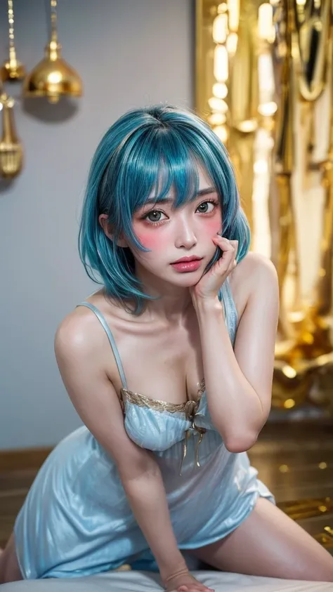 ((camera:1)),1 girl、(((shy slightly blushed face,Shavage Hair, beautiful,  Shiny light blue hair :1.6),silver mesh )),((sweaty face and body :1.3,beautiful脚:1,naked:1)),((Gestures that invite the viewer:1)、((golden nightdress:2:2)),21 years old,(beautiful ...