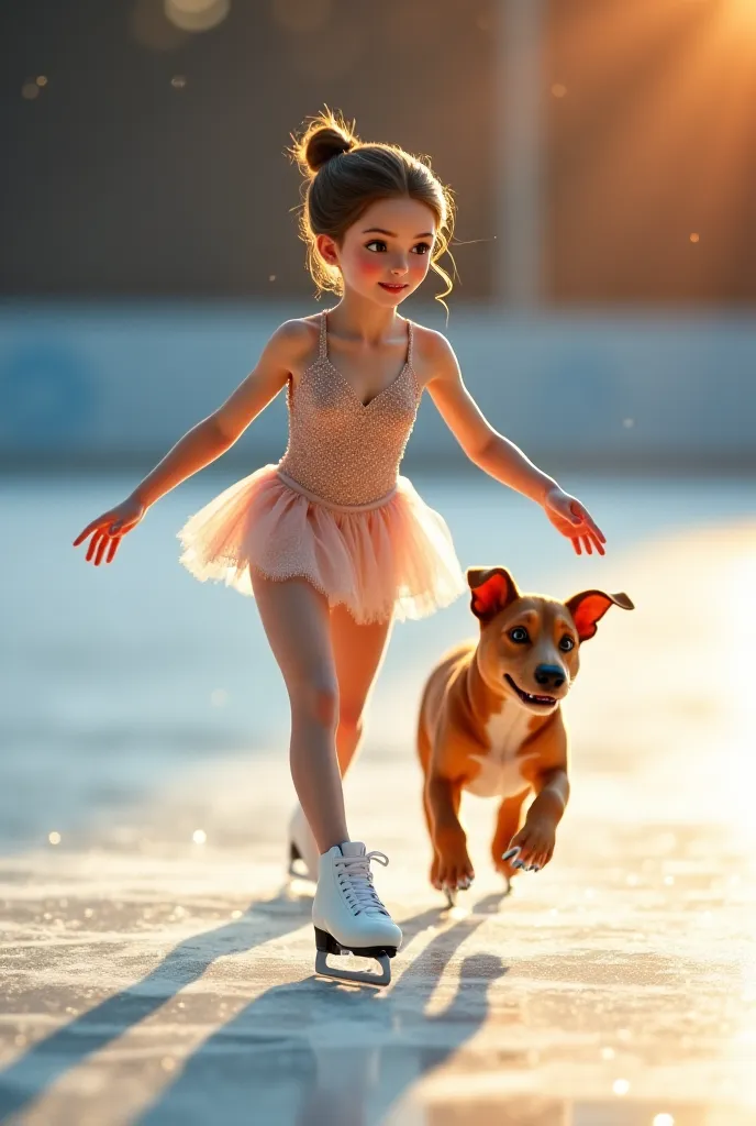 Young figure skater with a brown boy right behind her