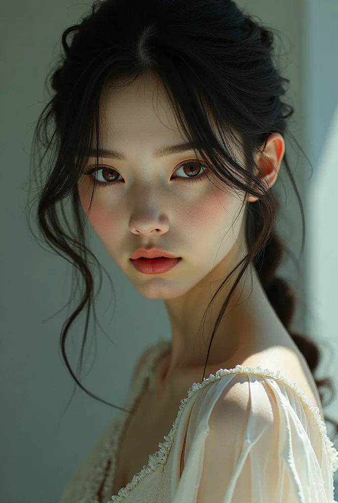  girl with long straight dark brown hair,  thin,  with white skin ,  slanted brown eyes 