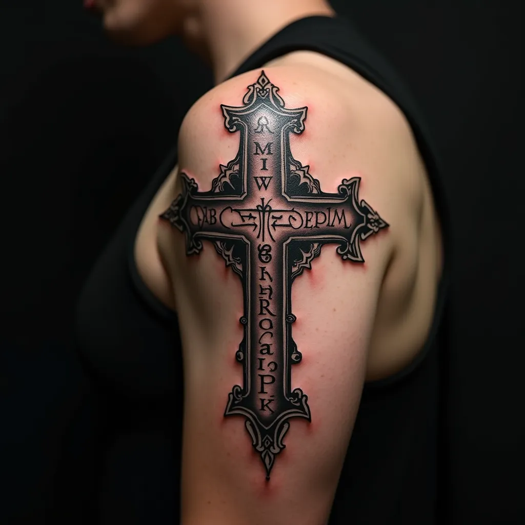 Gothic cross-shaped tattoo created with the words "THE CROSS IS MY SALVATION GARMENT,THE CROSS IS WHICH I ALWAYS ADORE, CRUZ MIHI REFUGIUM, CRUZ DOMINI MECUM" 
