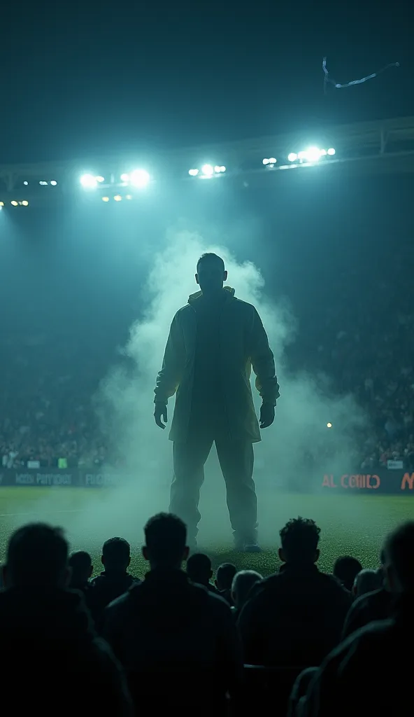 A dark, eerie scene inside Estadio Nacional de Chile during a night-time friendly match, packed with thousands of spectators. The stadium lights flicker slightly, casting long, unsettling shadows. The atmosphere is tense, as if time itself hesitates. Sudde...