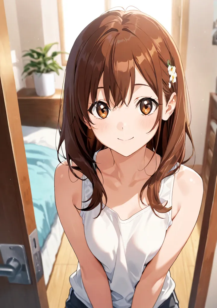 ( masterpiece), top quality , natural light, , Diffuse Light, alone,   Beautiful Anime   、 Beautiful Artistic Style , 赤い頬、( beautiful eyes), brown eyes, brown hair,  2 of the hair accessories、hair bite, shortcuts、( tank top), (bedroom), is standing、 (  Loo...