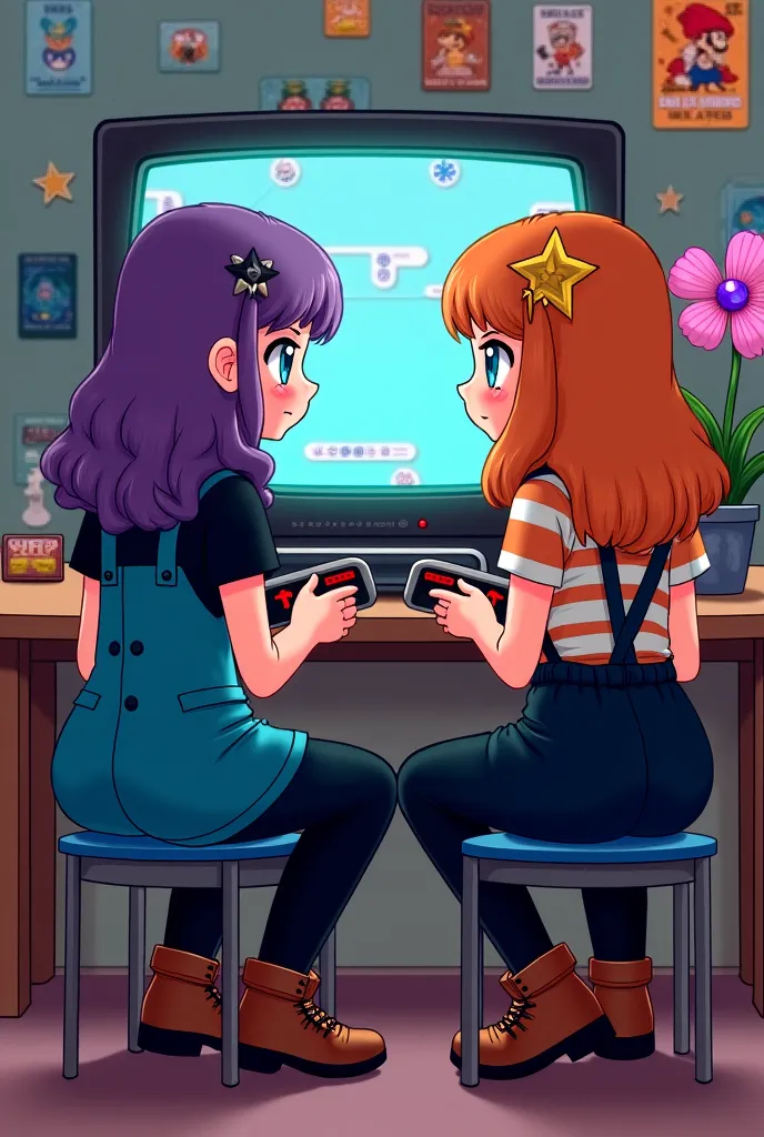 Girl with teal eyes and long curled purple hair and wearing a choker and short-sleeved button-up blue dress over a black top and black pants and brown boots and is sitting in front of a old crt tv with a two player shooter game, on the right of of her is a...