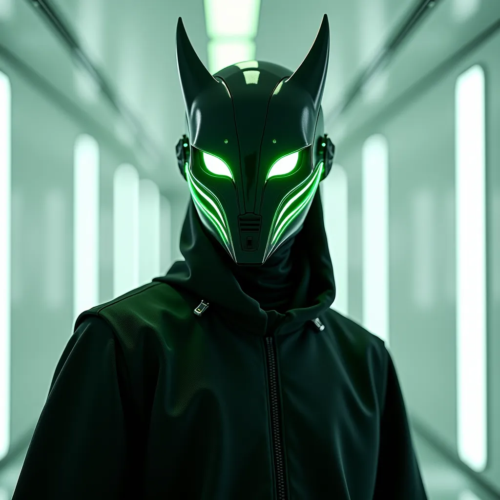 a 20-year-old young person wearing a black demon helmet that covers his entire face with green lights , posing with his hand on his shoulder and the
Looking ahead in a clean room,