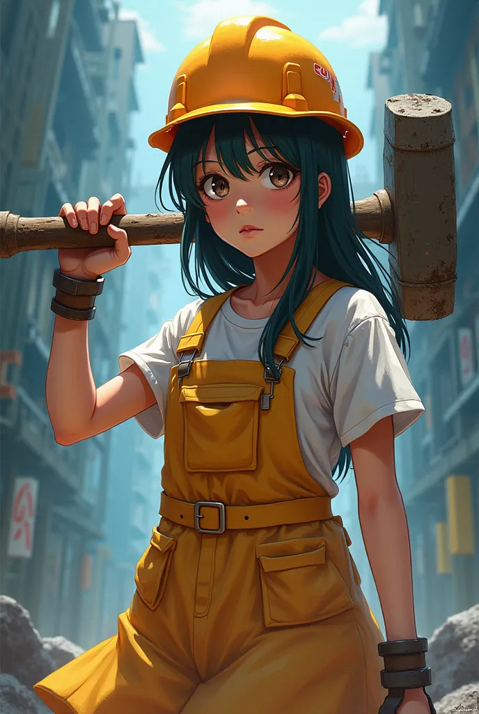 The cover of a novel with an anime drawing of a hero carrying a hammer and wearing a construction dress with a mysterious and confused atmosphere and interesting colors