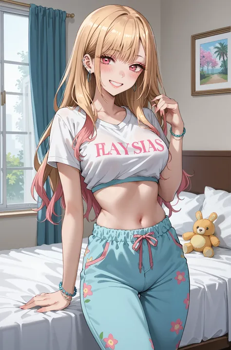 KJOmarin, blonde hair, long hair, pink eyes, earrings, ear piercing, multicolored hair, score_9, score_8_up, score_7_up, source_anime, masterpiece, best quality, flash gyaru, smile, cogal, sensual woman, bedroom, blush, Waist, medium breasts, plush thighs,...