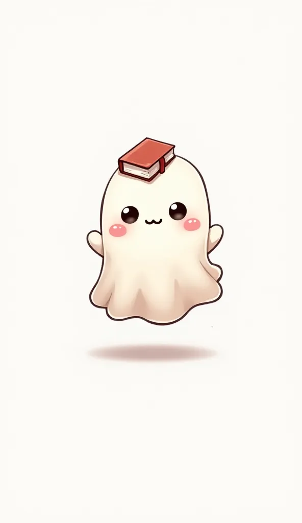 A full-bodied chibi-style ghost boy with a small book on his head, as if the book were your hat. Must be visible from head to toe, without cutouts . It has a tender and mischievous expression, Floating slightly above the ground, with a faint and ethereal l...