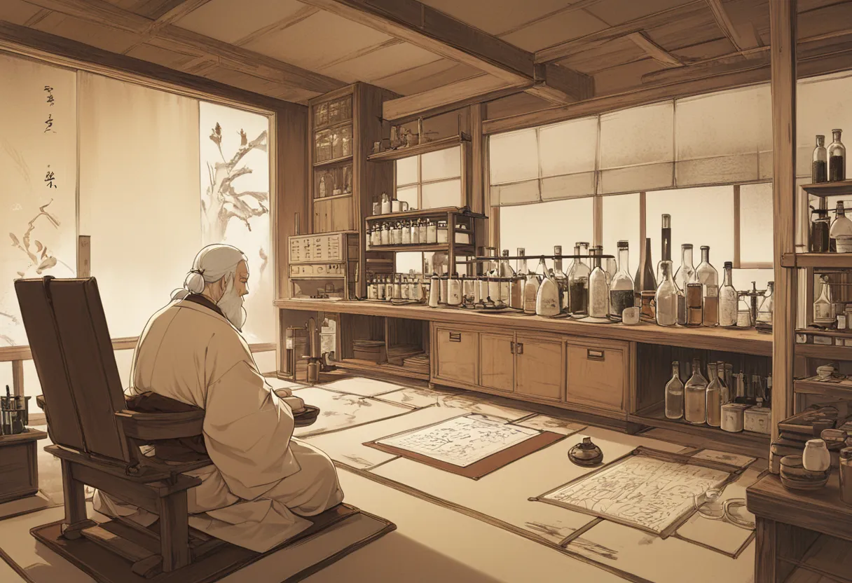 Score_9, score_8_up , score_7_up , source_anime, Detailed Images, masterpiece, absurdres, high resolution, composition with a small character at the right end, (beautiful clean simple laboratory with few materials:1.0), indoors, few bottle, 1chair, 2shelf,...