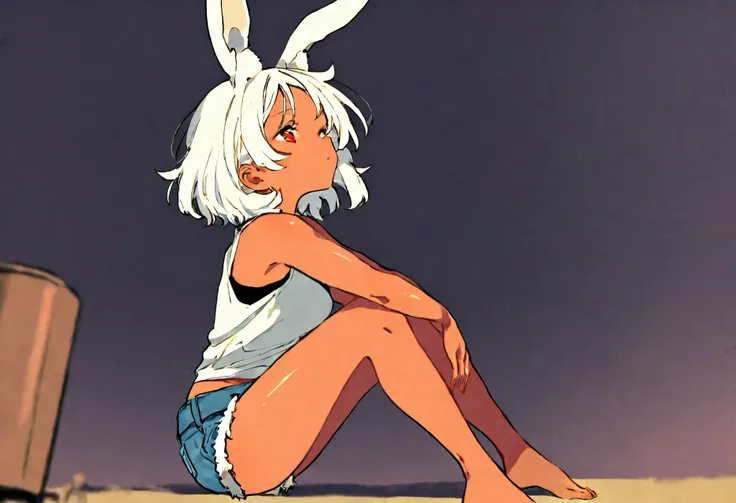 rabbit ears、 fluffy hairs、tank top、DENIM SHORTS、broken ear、cute、white hair、medium bob hair、tanned skin