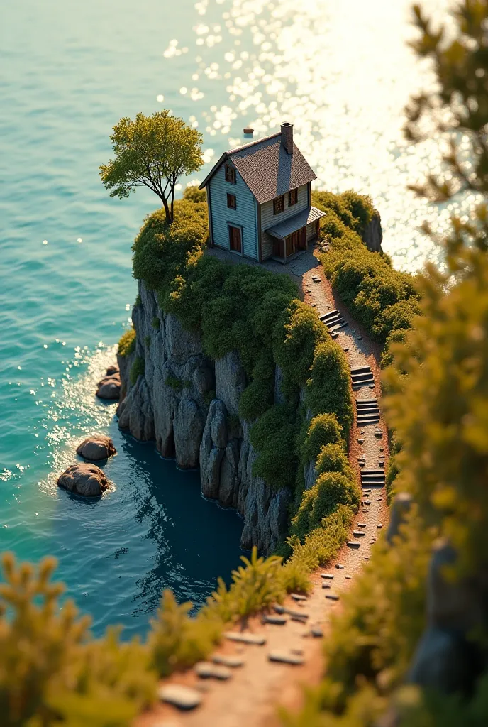 Looking at the island in the middle of the sea from a camera There is a house with small stairs on the island sunny day a surreal macro photo