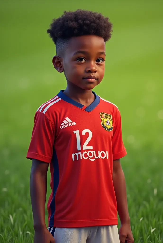 Create me a picture of a black boy wearing a soccer jersey that has the number 12 and is sponsored by O MIGUEL with the red shirt