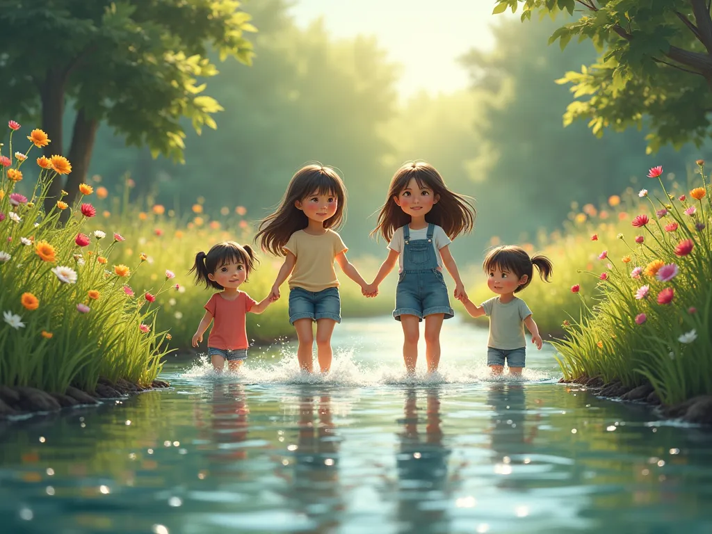 two young sisters cross a river side by side with friends and surrounding plants