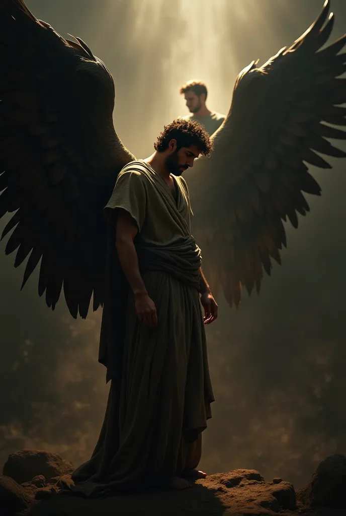 
Imagine a dramatic scene full of symbolism.  in the center, Is Pedro , the follower of Jesus, portrayed with intense features of inner conflict. He displays wings that mix dark and worn feathers with subtle touches of light, symbolizing the duality betwee...