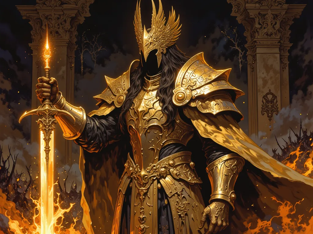 (masterpiece),(Highest quality),(Super detailed),(Ultra-high resolution),(Best illustrations),8k,
The emperor of mankind, knight, long dark hair, massive golden armor with ornaments, golden eagles ornaments, holy aura, golden laurel crown, golden cape, gol...