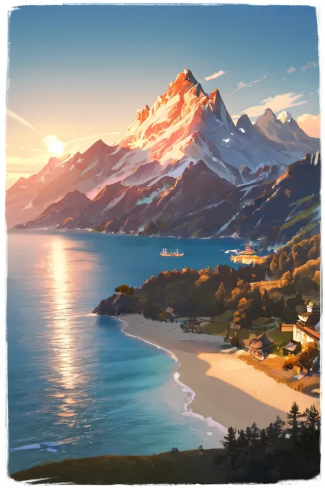 Make an image of a coastal island, but seen from the horizon an icy mountain