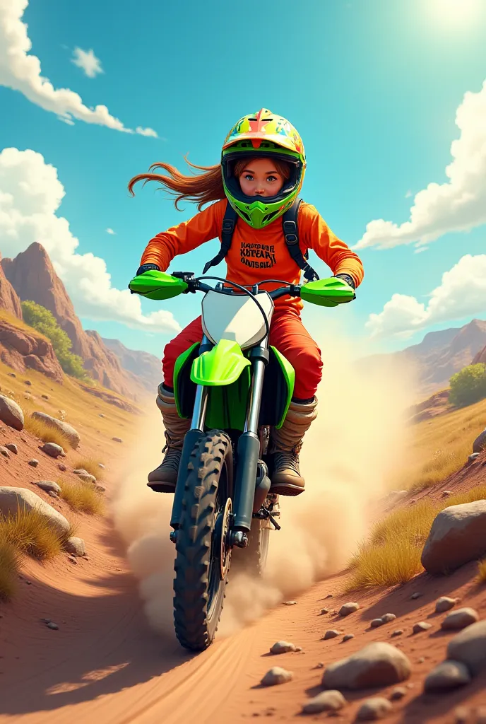 A cute character riding a Kawasaki kx250
「Let's run dirt」Put the letters below