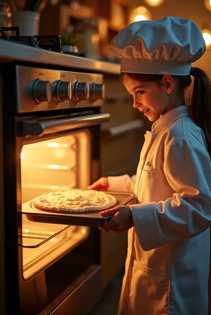 "A cozy kitchen with a glowing oven door slightly open. The girl is carefully placing the tray with the cake batter inside the oven.She wears a white chef's jacket and a classic chef's hat. A warm, golden glow reflects on her face, and a soft magical spark...