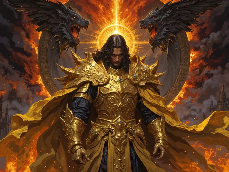 (masterpiece),(Highest quality),(Super detailed),(Ultra-high resolution),(Best illustrations),8k,
The emperor of mankind, knight, long dark hair, massive golden armor with ornaments, holy aura, golden laurel wreath crown, long golden cape, golden metallic ...