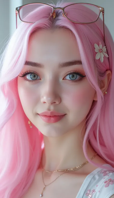 A woman, Pastel pink hiar, and pastel blue eyes, very light white skin with a little baby pink, pink lipstick, eyeliner, long hair, I'm blushing,  jewelry ,  closed lips, hair decoration in the shape of a butterfly, ear rings, best quality, Anatomy is true...