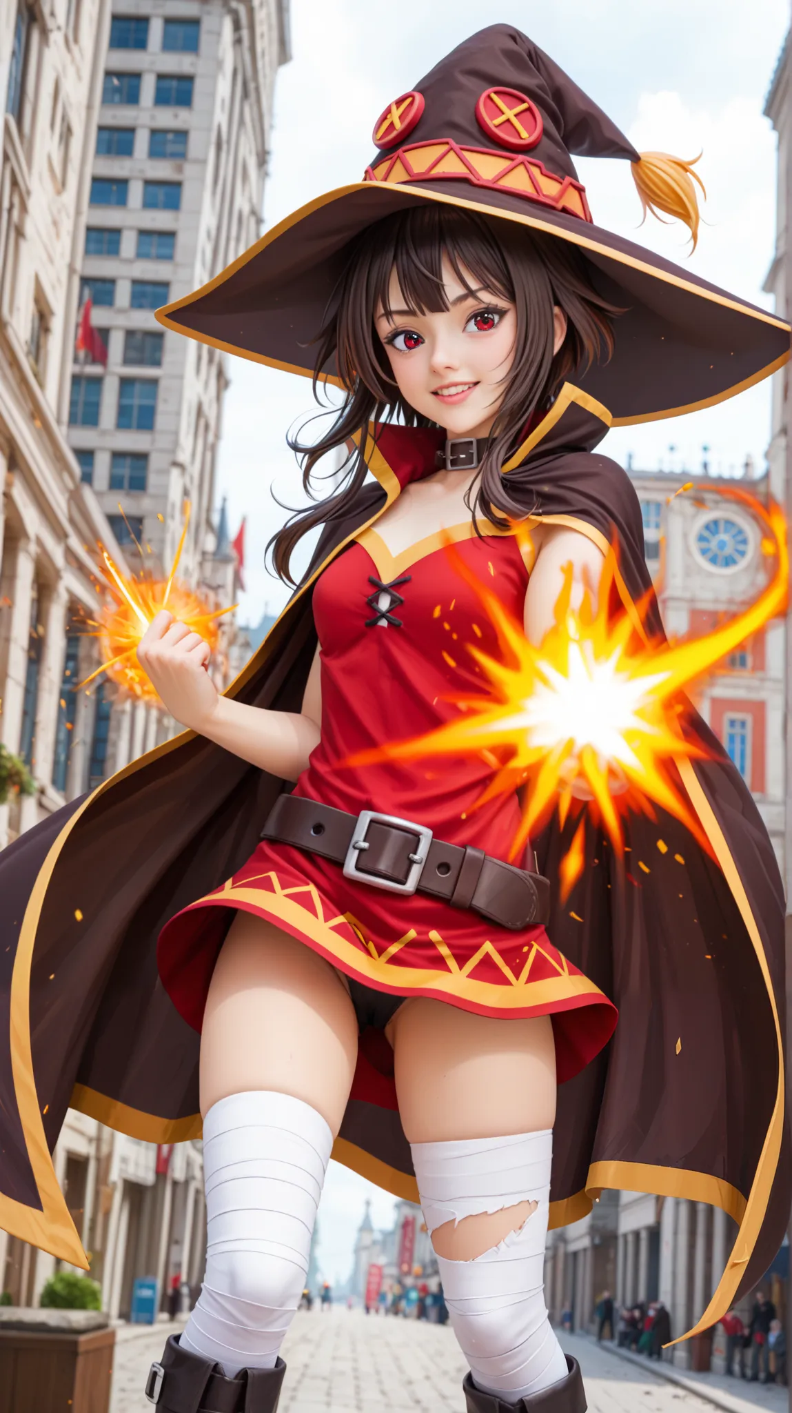 A dynamic anime illustration of Megumin from Konosuba, standing with a powerful and confident pose. She is wearing her signature red and black mage outfit with golden trim, a wide-brimmed wizard hat, and a flowing cape. Her left eye is covered by a red eye...