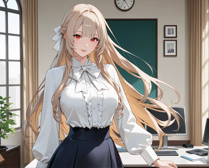 bow blouse, animetoreal, A photorealistic portrait, full-body shot, Anatomically correct, A beautiful Japanese women standing at a slight angle facing the camera, blonde semi long hair, High-resolution, detailed, sharp focus, crisp lines, defined edges, cl...