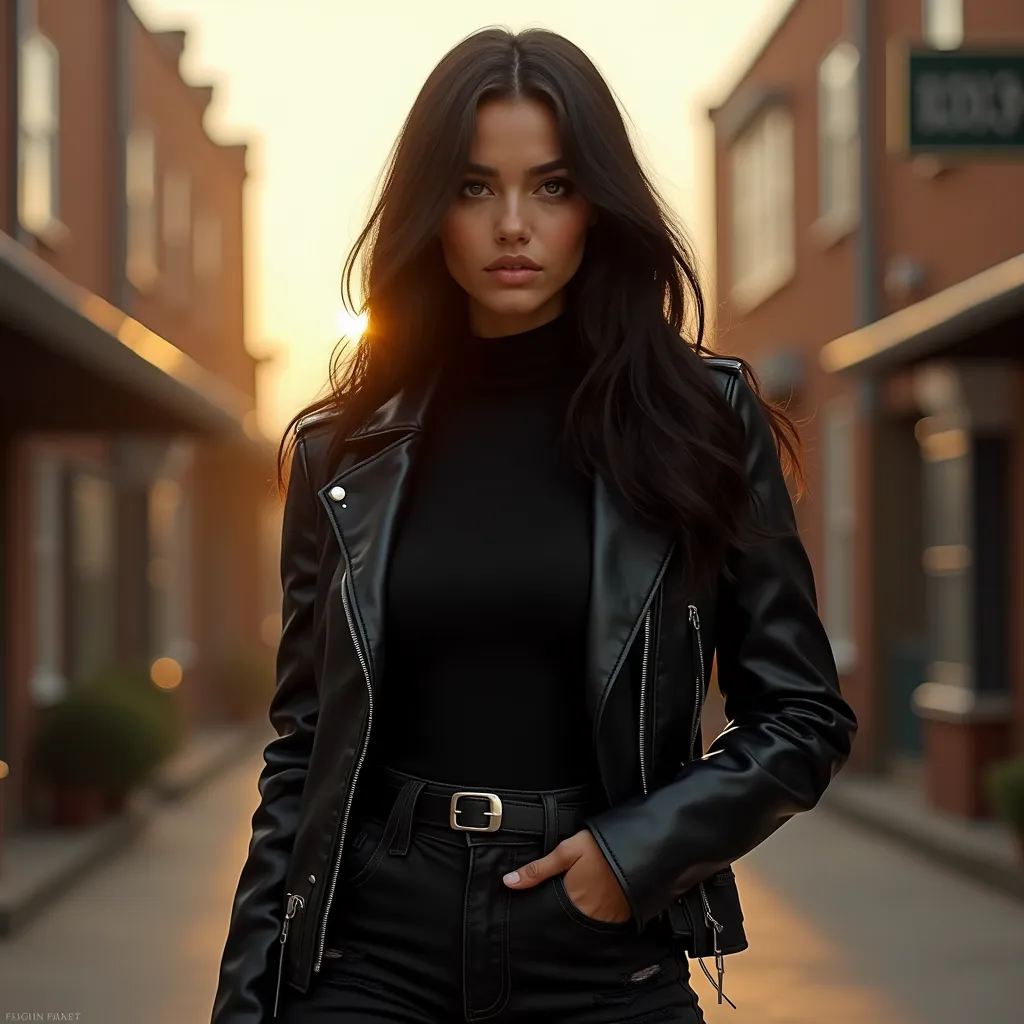 A stunning, youthful college girl. Wearing a form-fitting black leather biker jacket, black ripped jeans with a belt, black turtleneck. Intricately detailed makeup. Long black hair. Gorgeous, youthful face. Small town background during golden hour, slight ...