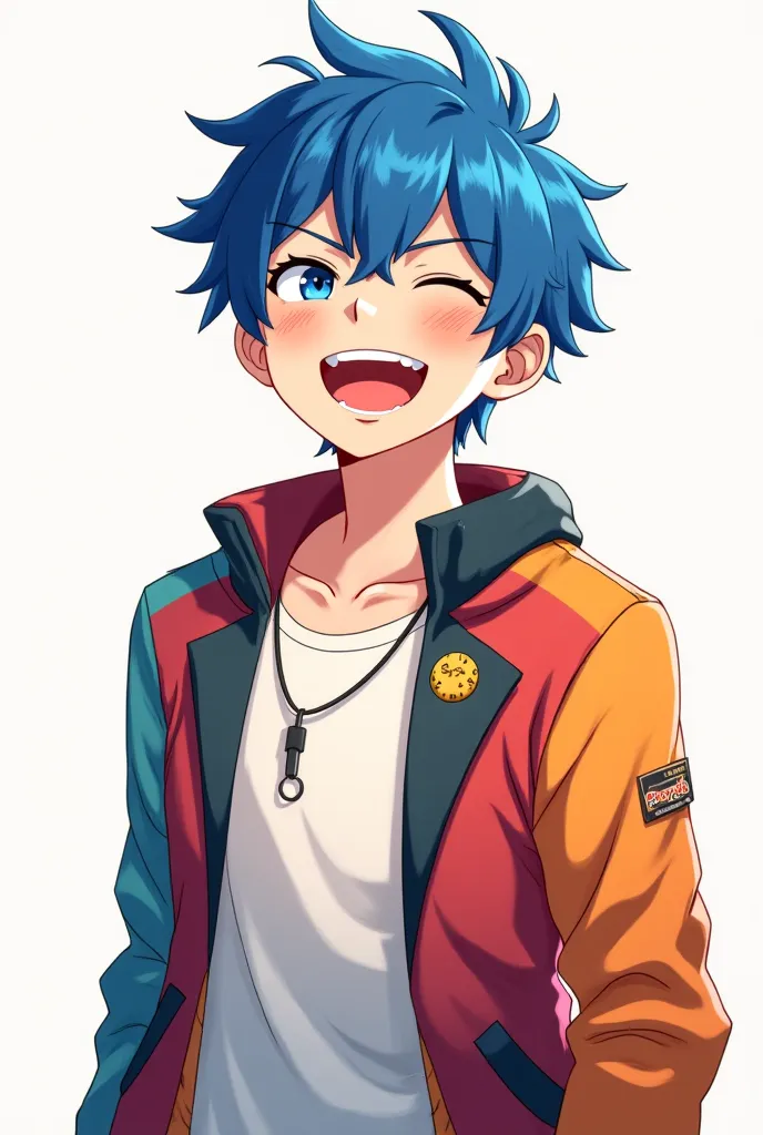 male anime character, blue hair clothing, adult, laughing