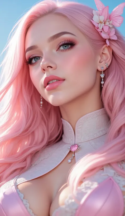 A woman, Pastel pink hiar, and pastel blue eyes, very light white skin with a little baby pink, pink lipstick, eyeliner, long hair, I'm blushing, jewelry , closed lips, hair decoration in the shape of a butterfly, ear rings, best quality, Anatomy is true...