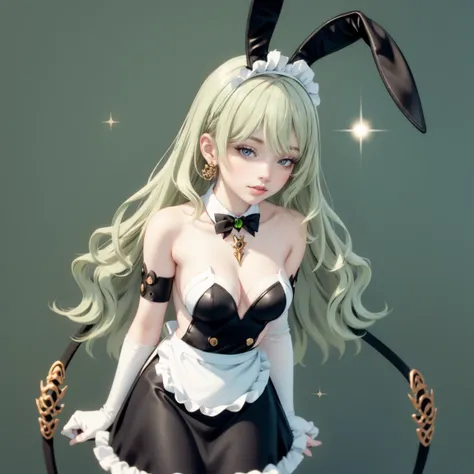 1girl, dress, jewelry, glow hair, flowing hair, ahoge, two black rabbit ears, rabbit tail, Bunny girl, Cute face, Very fine clean face, solo, maid bunny dress, Green Hair, long hair, dress with too many frills, Cute pose, Showing the whole body, Front view...