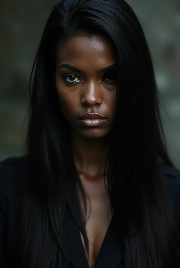 I want to create a black Greek woman, with straight long hair and half blind