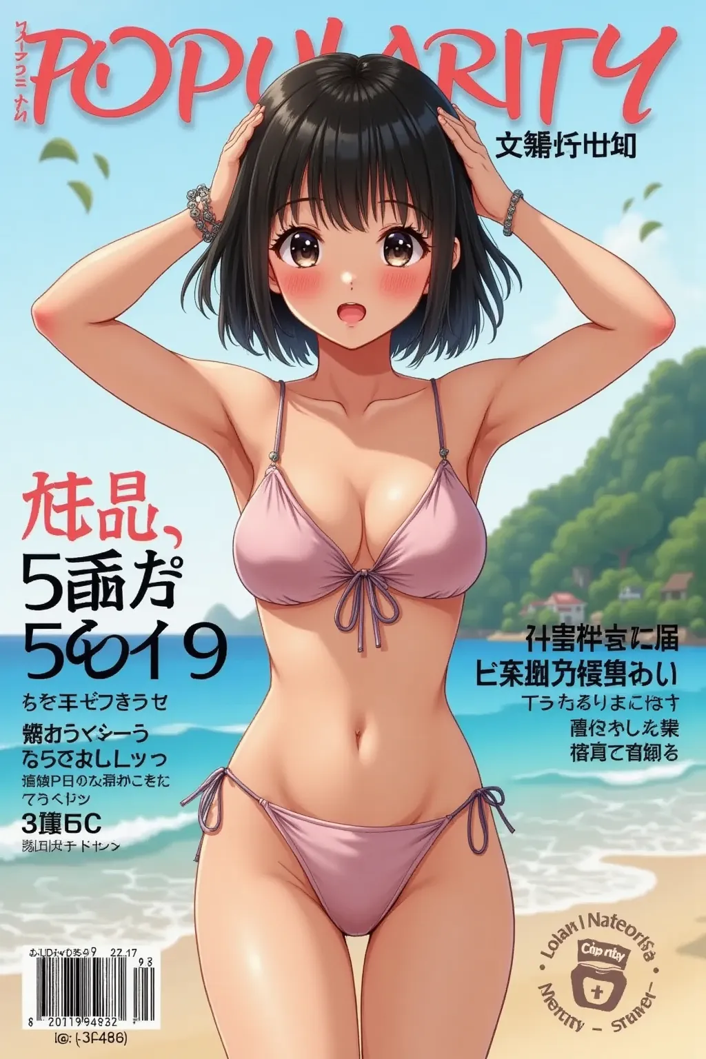  magazine cover  " Popularity "  frontal pose written in red decorative letters at the top of the screen , Standing,  Hips to right hand  , Front Map, cowboy shooting,  Japanese Girls,  23 years old, Japanese woman with straight bangs and tall ponytail sty...