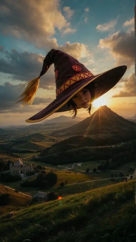 A highly detailed cinematic scene of Megumin's wizard hat soaring through the air, caught in a gust of wind. The large, pointed hat with red and black fabric, golden trims, and cross-stitch patterns flutters dynamically, casting a shadow on the vibrant lan...