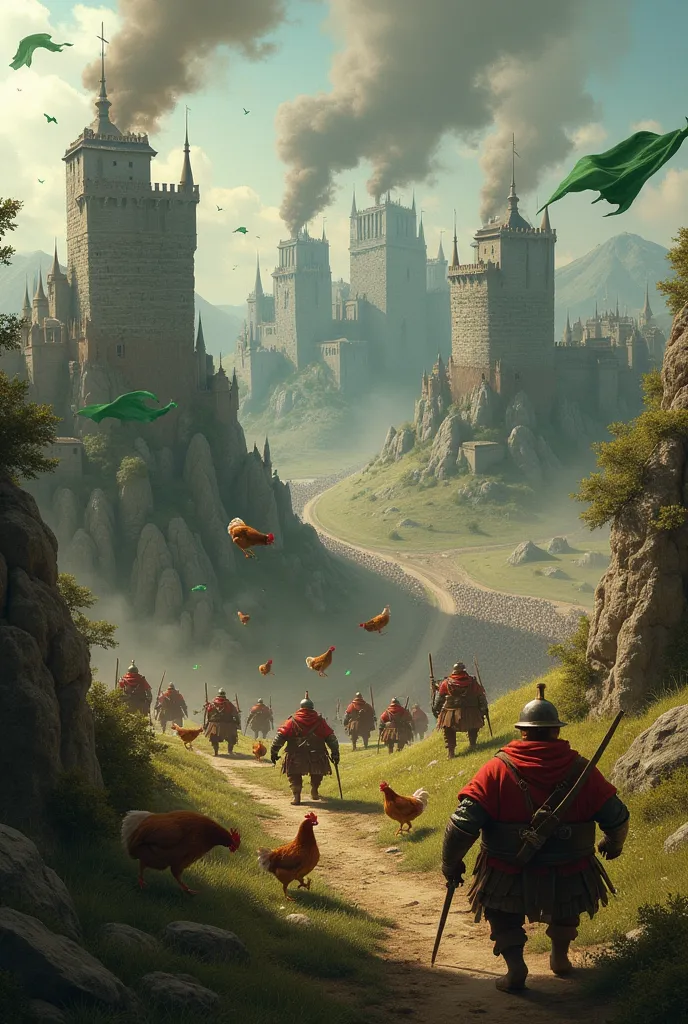 When you look from a bird's eye view, you see big castles with green flags, billowing smoke, fat, ugly, pot bellied men and chickens running around in panic, and a "green camp" sign on the door.